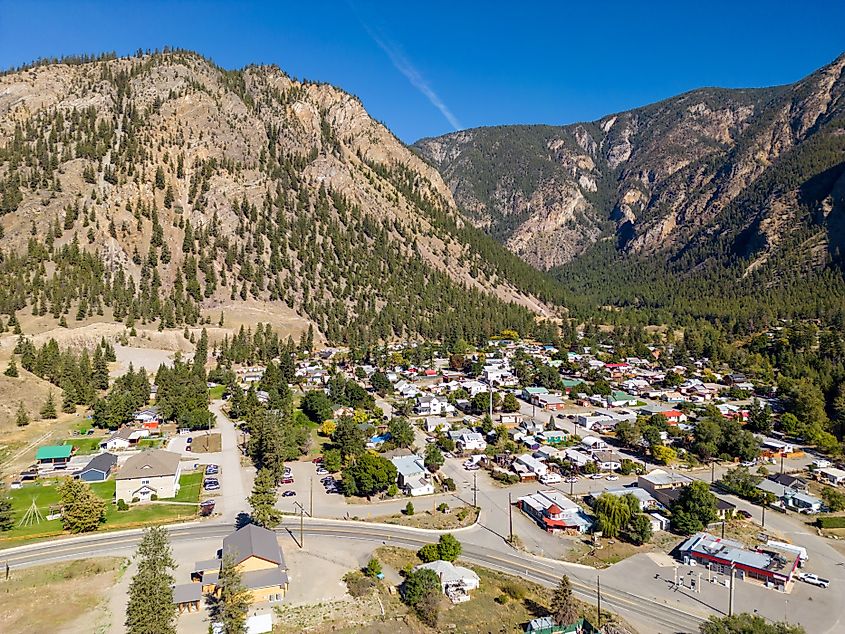 Aerial drone landscape view of the small town and former mining town of Hedley, British Columbia, Canada which is located in the Similameen Valley.