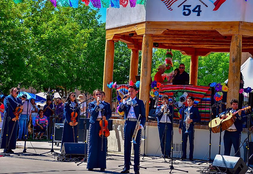 Mesilla, New Mexico / USA - 5 May 2019: Cinco de Mayo celebration Mariachi band playing in the Mesilla, New Mexico town square, celebrating Cinco de Mayo.