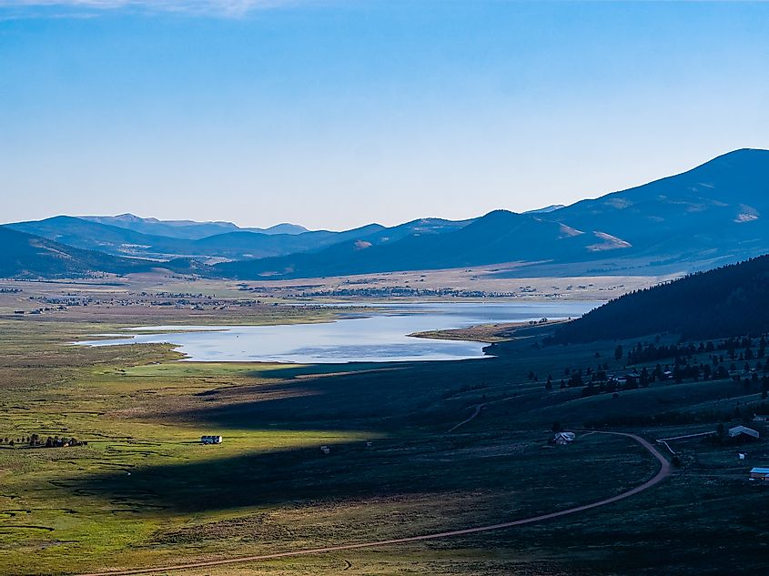 Photo depicts Eagle Nest Lake from an aerial view taken from the south looking toward the town of Eagle Nest, By Chitlinpita - Own work, CC BY-SA 4.0, https://commons.wikimedia.org/w/index.php?curid=120487674