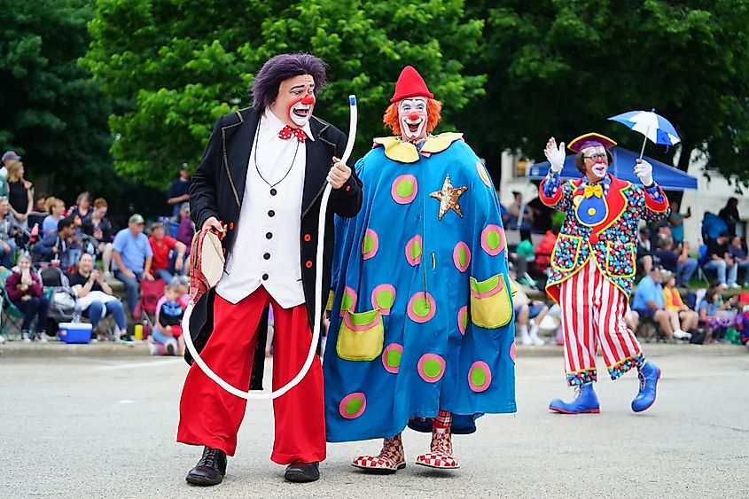 Clowns love a parade in Baraboo, Wisconsin.