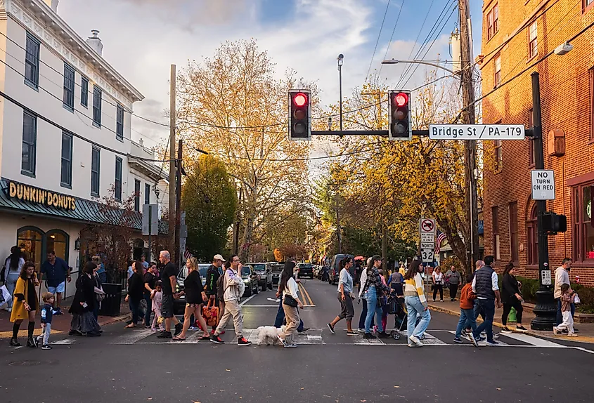 Pedestrians cross Main Street in New Hope, Pennsylvania