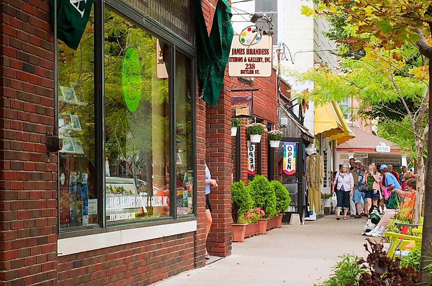 Shops and galleries line Butler Street in Saugatuck, Michigan