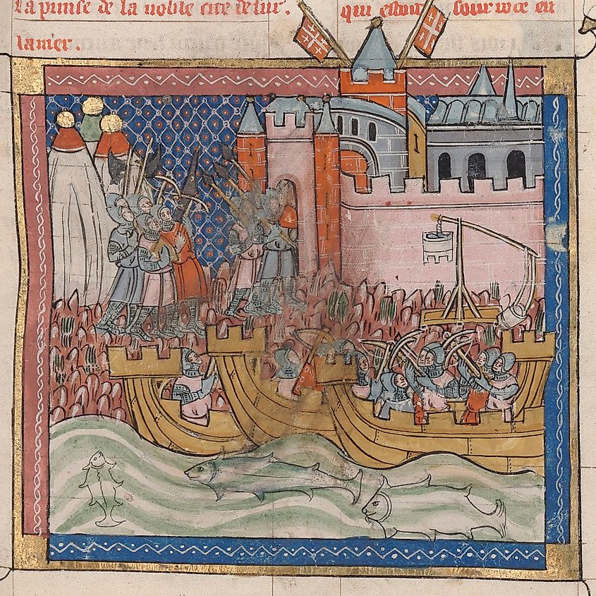 A depiction of the Siege of Tyre. Via Wikimedia Commons / Siege of Tyre (1124). BnF, Département des manuscrits, Français 352 f.93. Public domain.