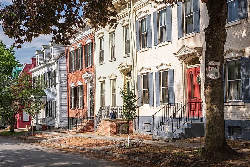 Colorful colonial houses in the historic Stockade District of Schenectady, New York
