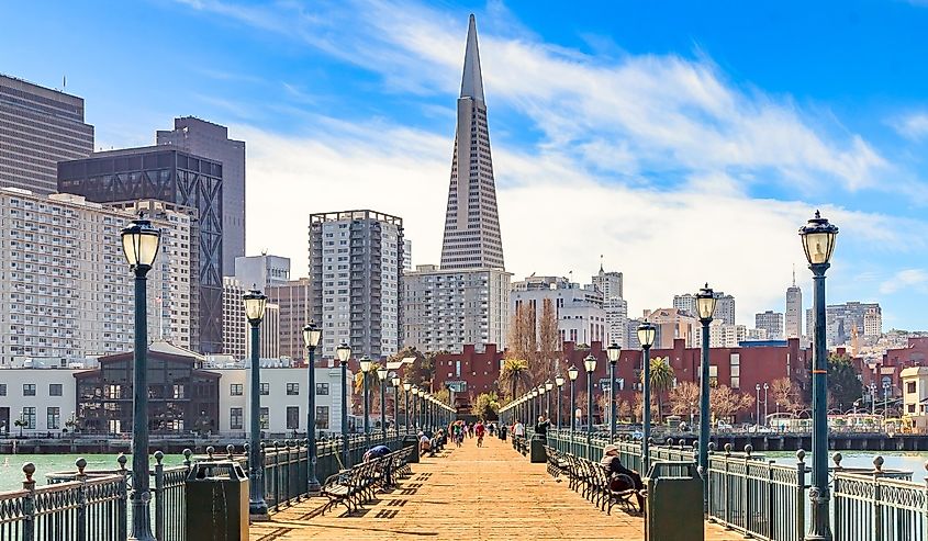 Downton San Francisco and the Transamerica Pyramid from wooden Pier 7 on a foggy day