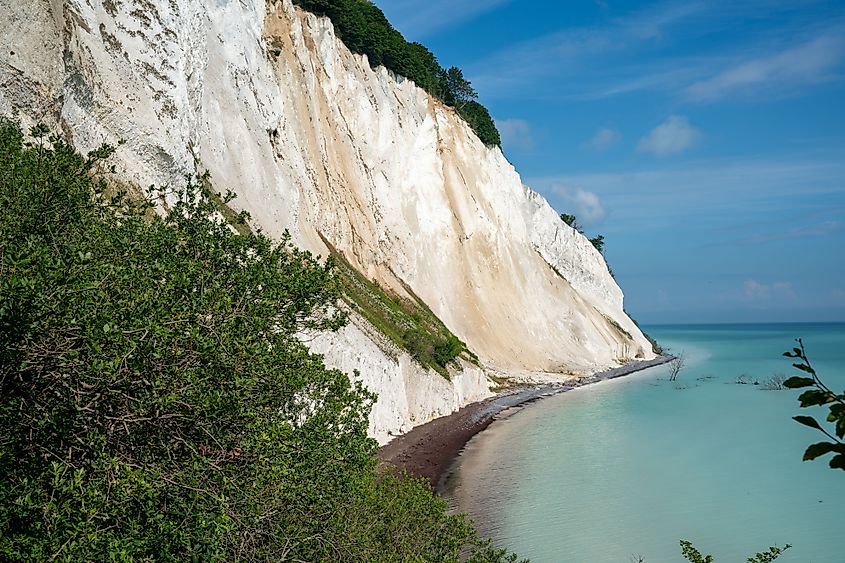Scenic view of white chalk cliffs at Mons Klint, Denmark.