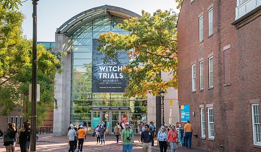 People walk past the Peabody Essex Museum during the annual Haunted Happenings event