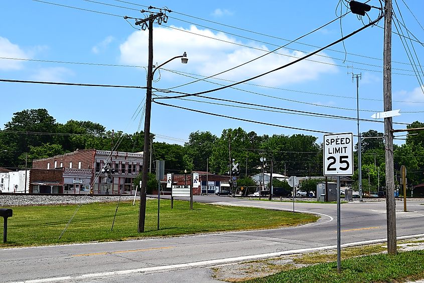 The railroad crossing in downtown Cobden, Illinois.