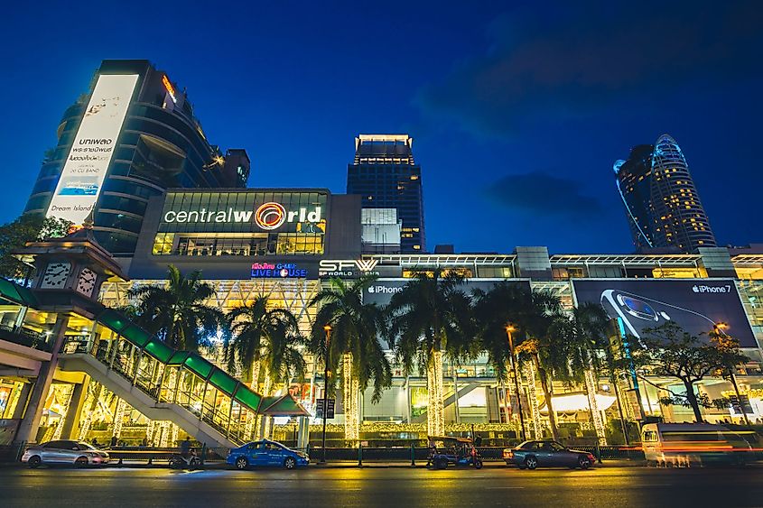 The street in front of shopping mall Central World at the downtown of Bangkok, Thailand during New Year festival.  