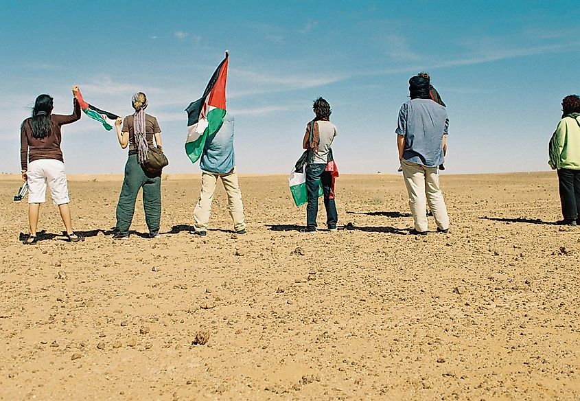 Protesters carrying Polisario flags in front of the Western Sahara berm (2011)