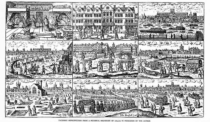Nine images of the plague in London, 17th century