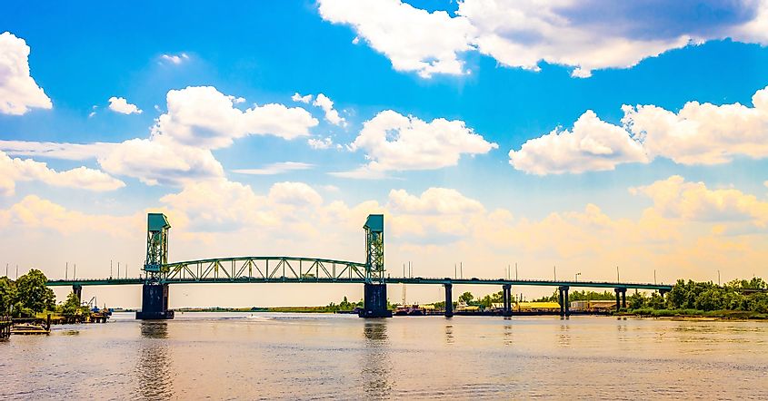 Dramatic view of Cape Fear Memorial Bridge in Wilmington, North Carolina, connecting highway to historic downtown.