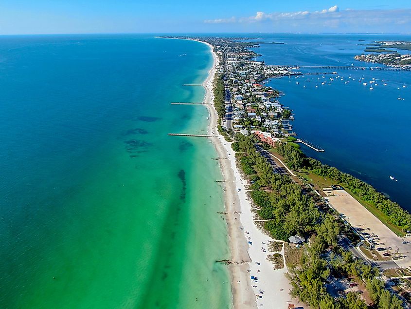 Aerial view of Coquina Beach with white sand beach and the main road, Anna Maria Island, Florida. USA