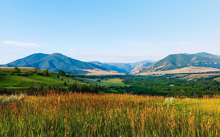 The foothills of the Bear Tooth Mountains at dawn as seen from the Bear Tooth Mountain Pass Highway on a fine summer morning near Red Lodge, Montana, USA.