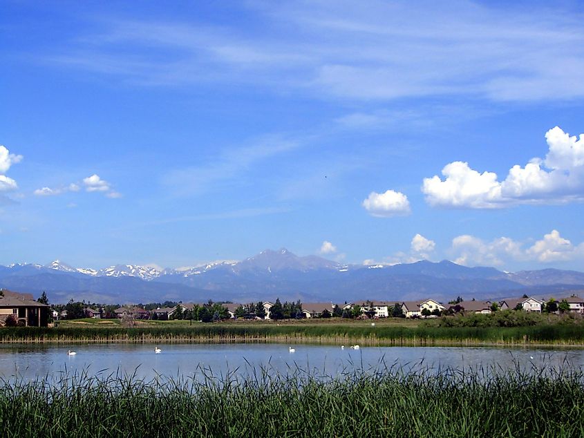 Union Reservoir in Longmont, Colorado, with the Rocky Mountains in the west