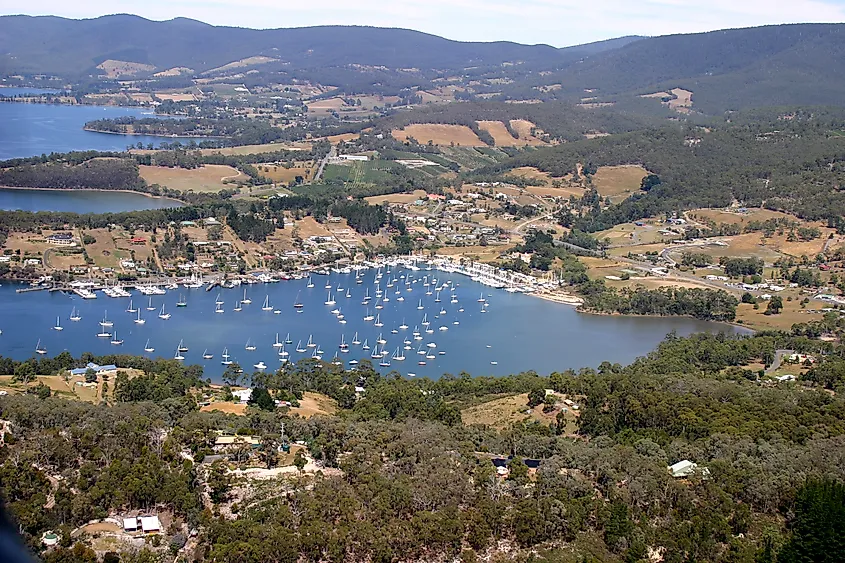 Aerial view of Kettering, a coastal township in southern Tasmania, Australia