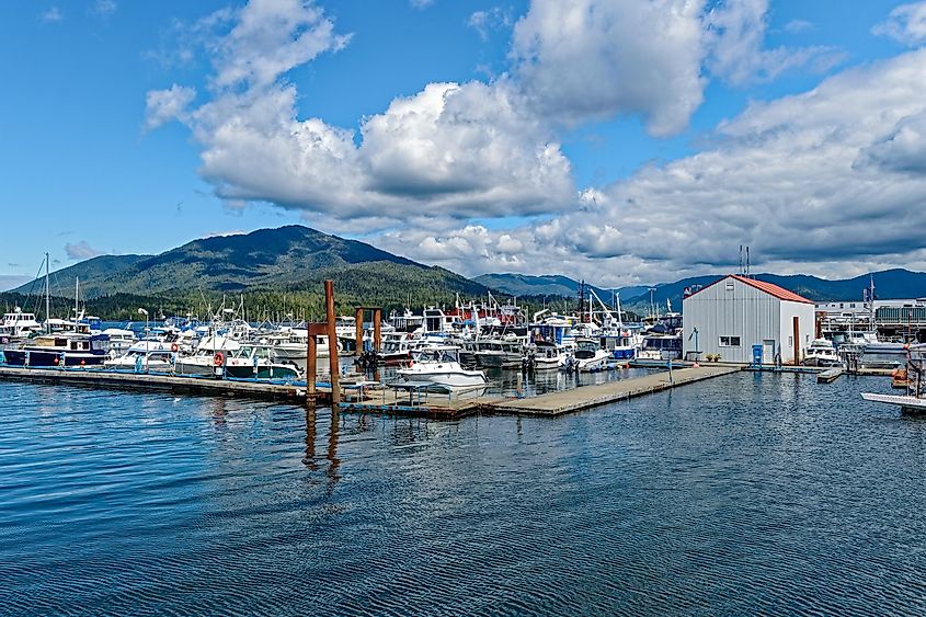 Boats docked in the marina at Rushbrook Harbor in Prince Rupert in British Columbia