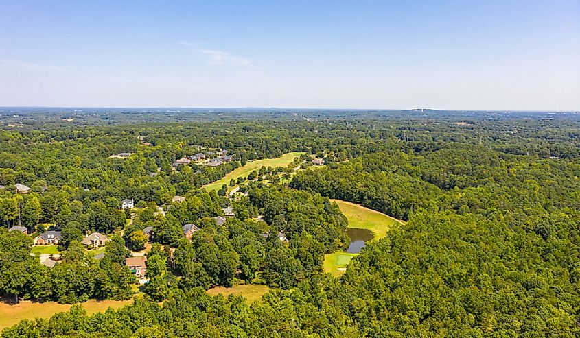 Aerial view of Travelers Rest with swamp and bike trail