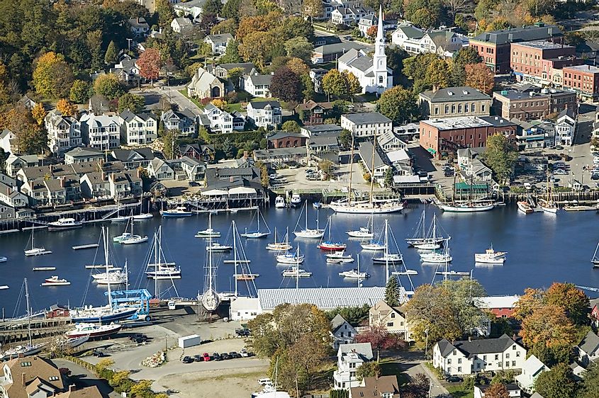 Aerial view of Bar Harbor in autumn, Maine