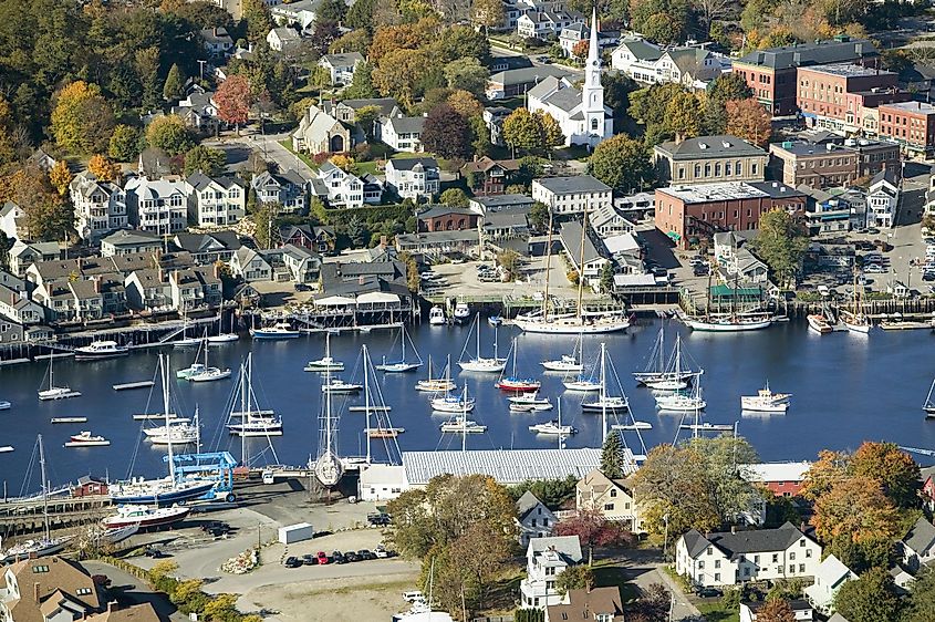 Aerial view of Bar Harbor in autumn, Maine