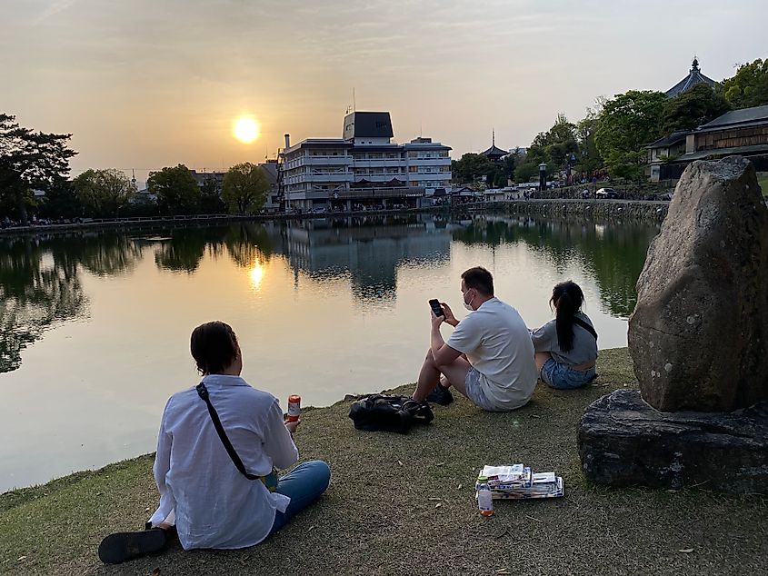 Three friends eating a takeout dinner in the grass beside a pond in Japan, waiting for the sun to set.