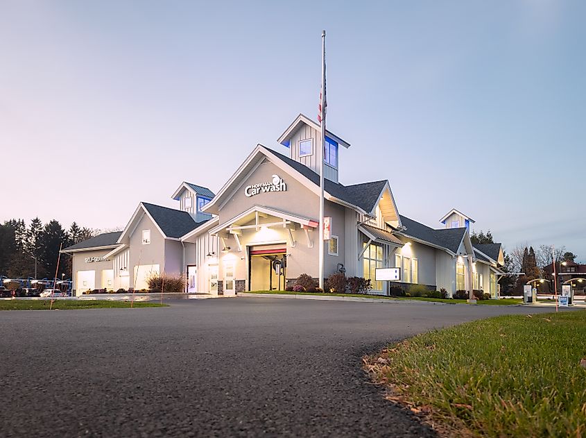 Wide view of the Hoffman Car Wash facility in Whitesboro, New York