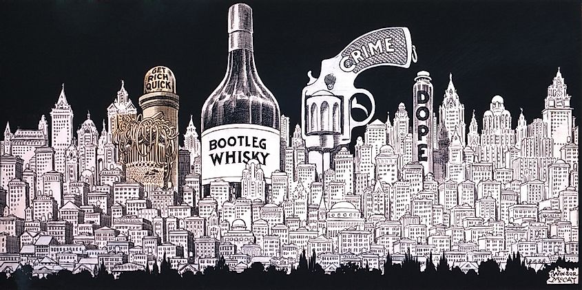 Winsor MaCay 1920's cartoon depicts a cityscape of Bootleg Whisky Crime Dope and Get Rich Quick money lust.