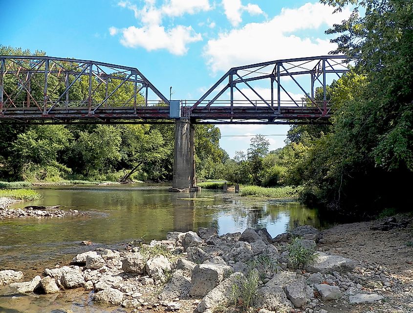 Rusty box girder bridge over Gasconade River Route 66 Hazelgreen Missouri.