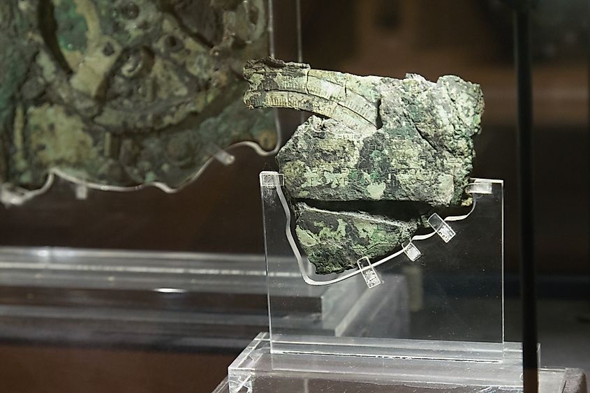 Fragment of the Antikythera Mechanism, dated to 150-100 BC, at the National Archaeological Museum in Athens.