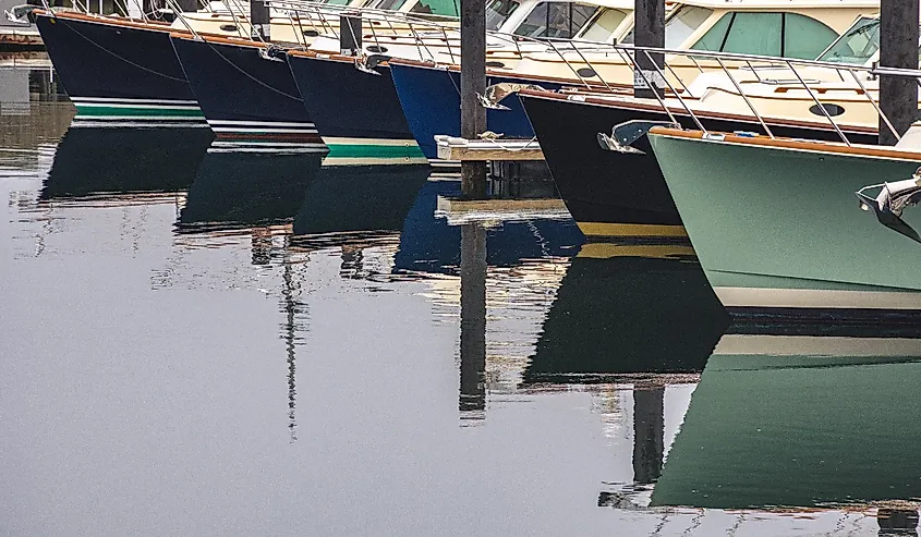 Small seaside harbor waterline with sail boats docked on Aquidneck Island, Rhode Island near Newport