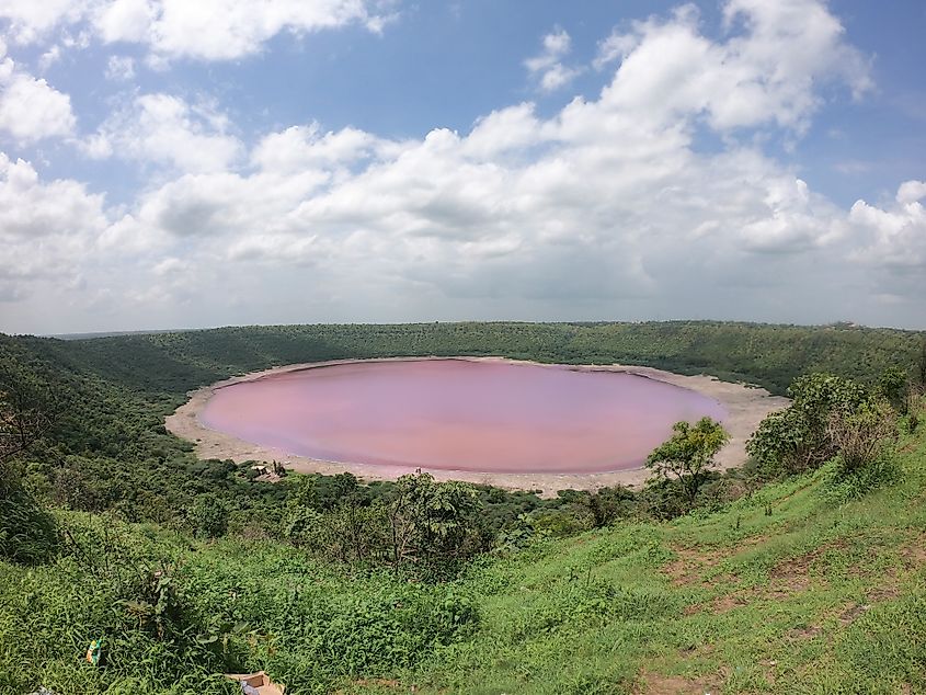 Pink Lonar Crater lake in Buldhana, Maharashtra