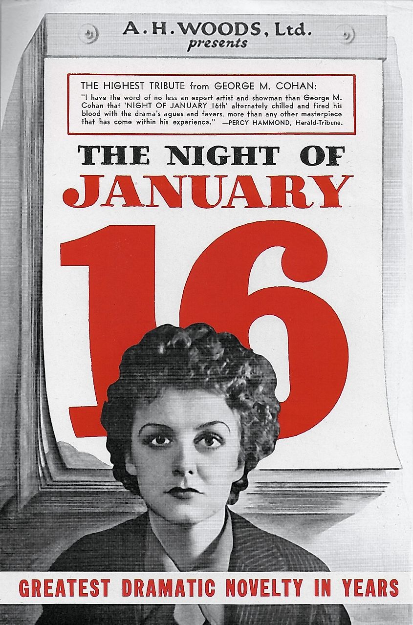 Front of a flyer advertising the Broadway production of "Night of January 16th," a play written by Ayn Rand and produced by Al Woods.
