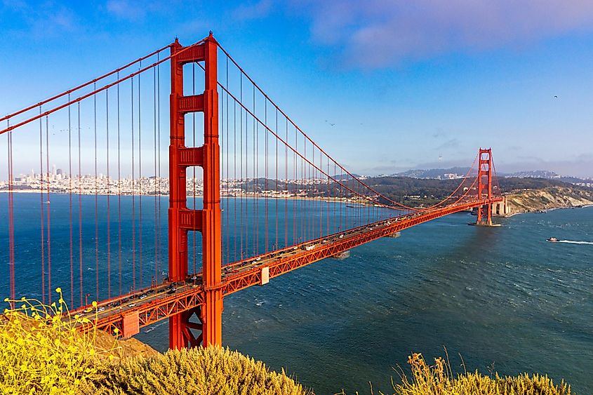 The Golden Gate Bridge's International Orange towers above San Francisco Bay.