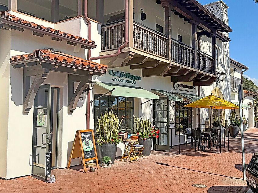 Storefronts on Coast Village Road in Montecito, California. 