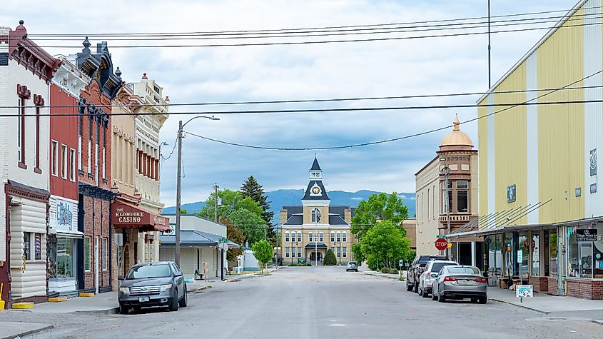 Downtown Dillon with storefronts and courthouse