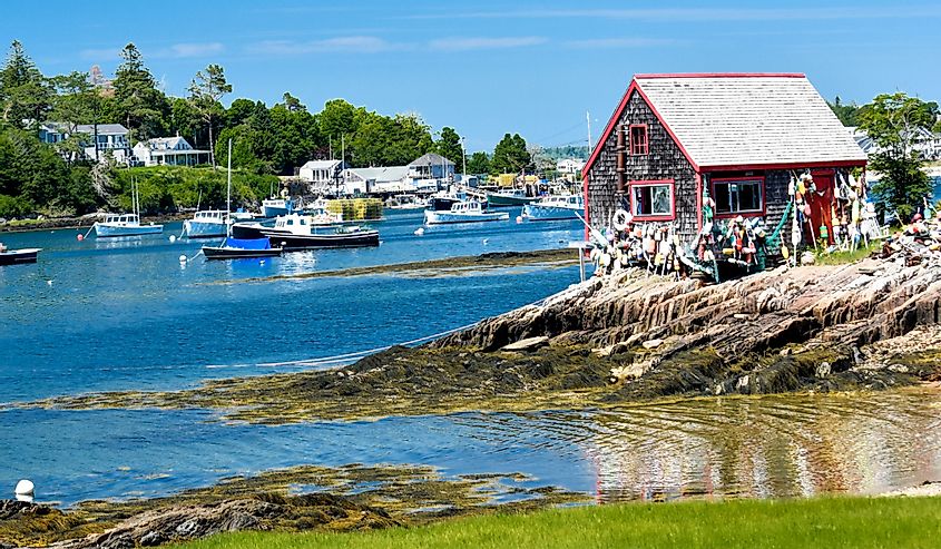 Fishing shake and boats on the water in Harpswell, Maine