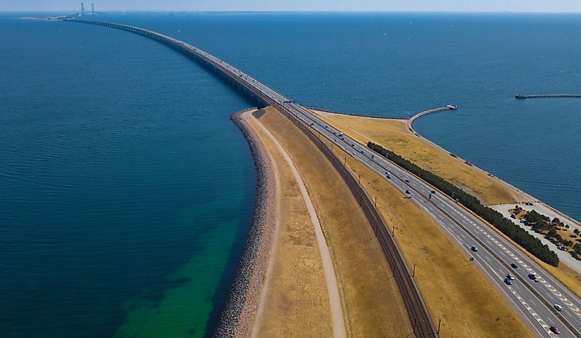 Aerial view of Storebælt, Great Belt Bridge - Denmark. 