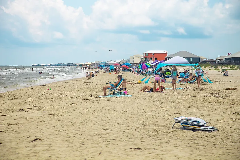 A busy summer beach day in Dauphin Island, Alabama