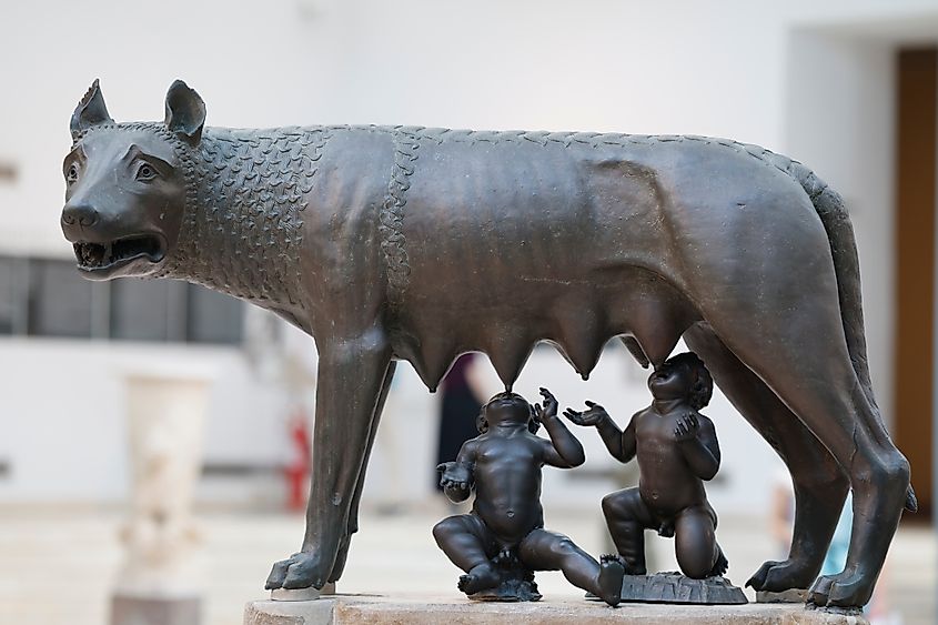 A she-wolf suckling the twins Romulus and Remus, the mythical founders of Rome. Italy.