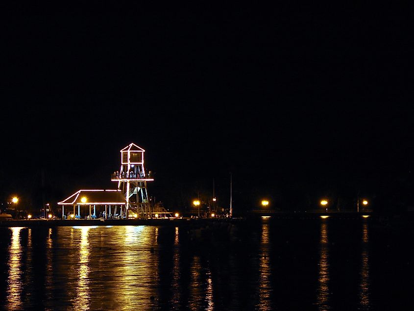 Observatory tower at night on Memphremagog lake in Magog, Province of Quebec, Canada