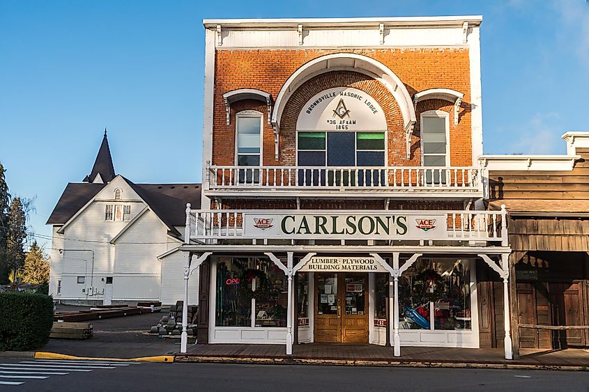 Old western style architectural Masonic Lodge building in the rural town of Brownsville, Oregon.