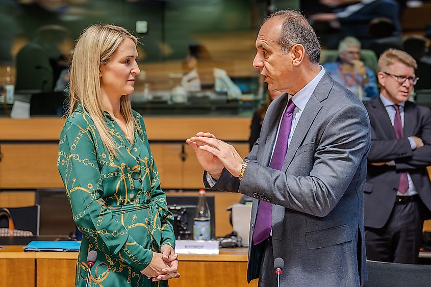 Helen McEntee speaks with an official during a Council of the European Union meeting in Brussels.