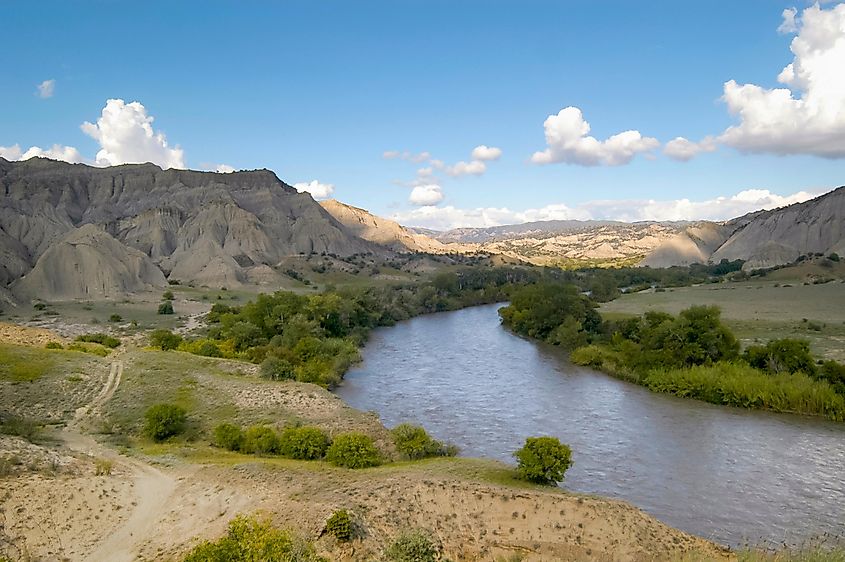 Panoramic view of Alazani flood plains and mountains in Vashlovani National Park, Georgia