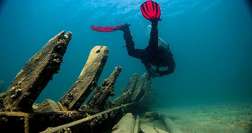 Diving a wooden shipwreck in Thunder Bay National Marine Sanctuary.