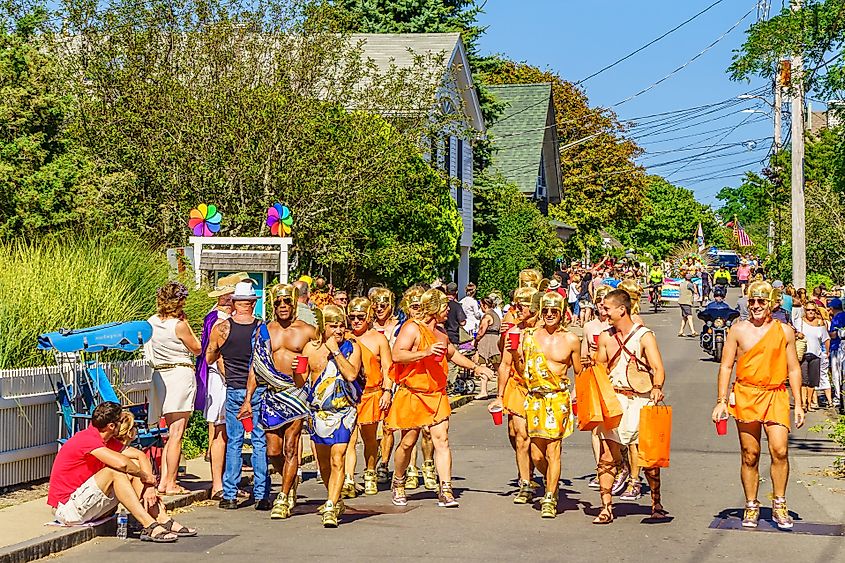 People participating in a parade during the Provincetown Carnival in Provincetown, Massachusetts