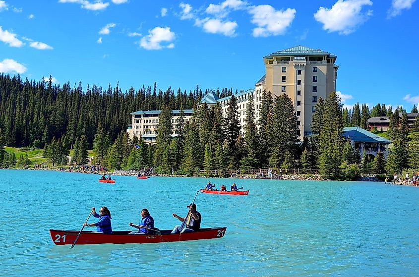 Canoeing on Lake Louise in Alberta, Canada.