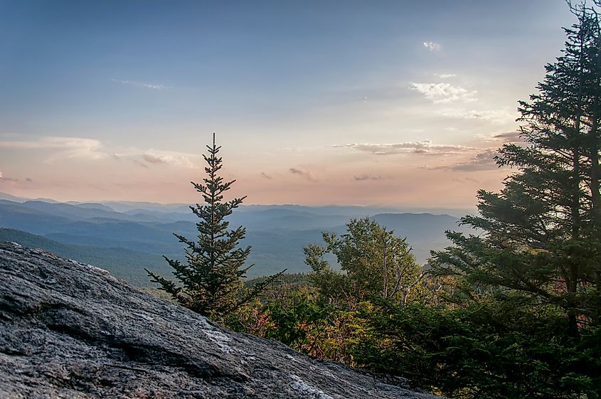 A view of Mount Mansfield state forest and landscape at sunset in Underhill, Vermont.