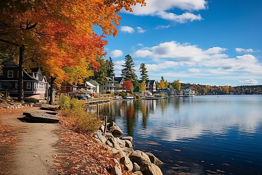 Fall view of Meredith Bay on Lake Winnipesaukee in the historic town of Meredith, New Hampshire.