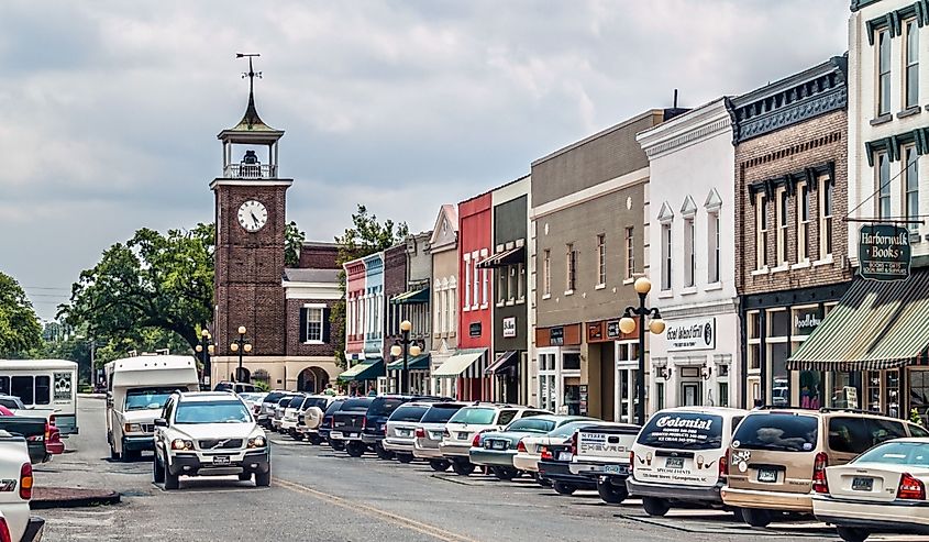 Looking down Front Street with shops and the old clock tower in South Carolina