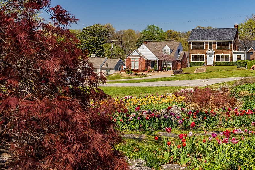 Sunny view of many flower blossom in Woodward Park and Gardens at Oklahoma.